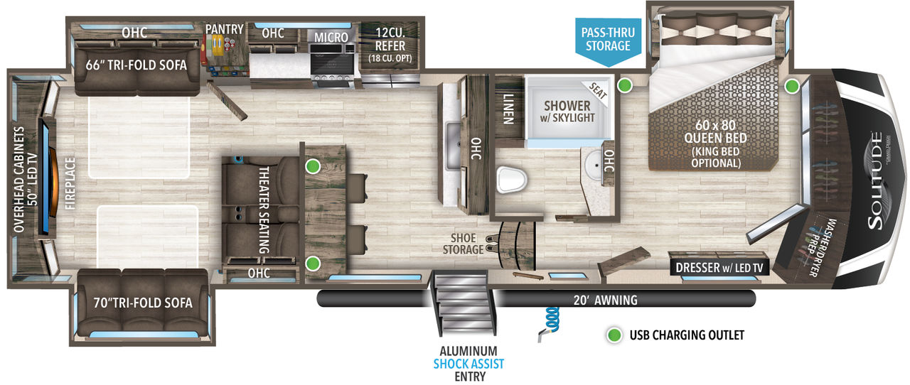 This Solitude Fifth Wheel features a rear living area, and front bedroom with walk in closet.