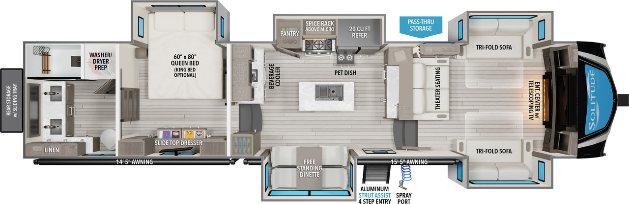 This Solitude Fifth Wheel features a rear bedroom, mid kitchen with island and sink, and front living/entertainment area. 