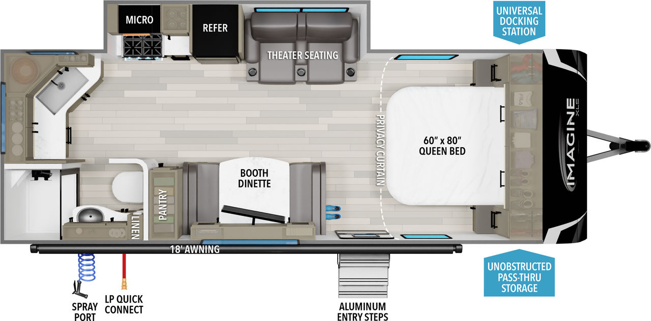 This travel trailer floorplan features a rear bathroom and kitchen with front Queen Bed.