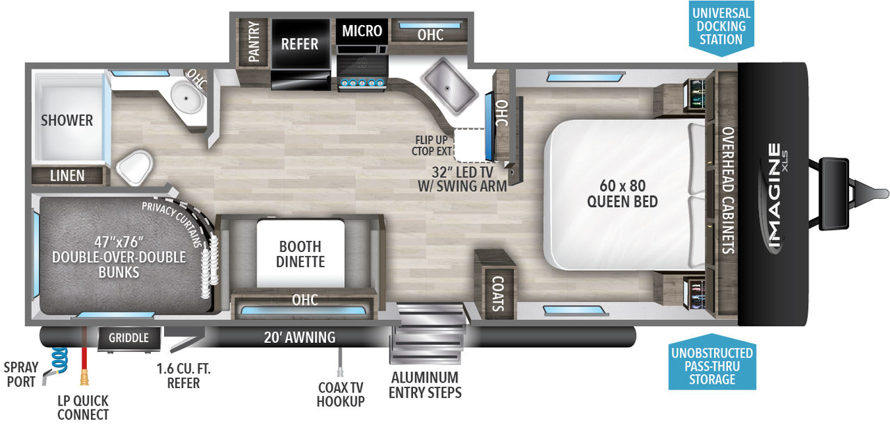 This travel trailer floorplan features a rear bathroom and bunk beds with front Queen Bed.