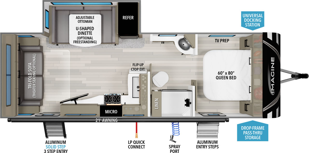 This travel trailer floorplan features a rear living area with mid Bathroom and front Queen Bed.
