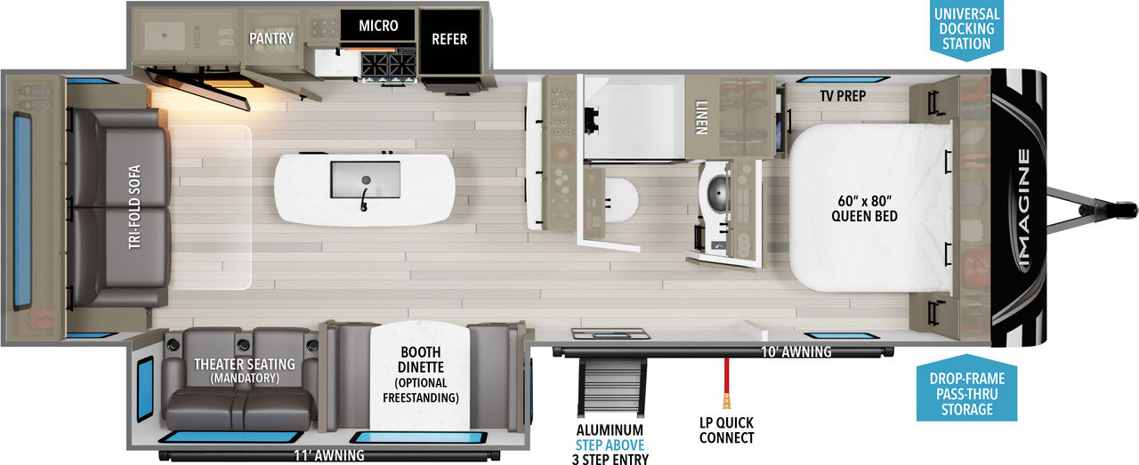This travel trailer floorplan features a rear living area with front Queen Bed.