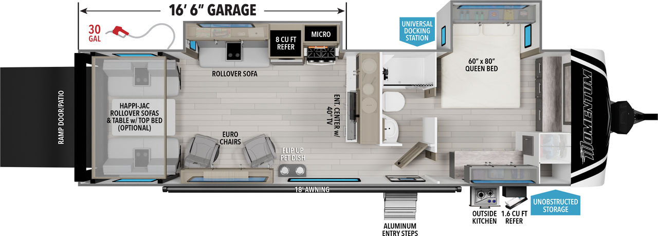 This Momentum Travel Trailer features a 16’6” Garage, outside kitchen, and Queen bed. 