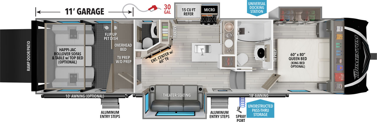 This Momentum Fifth Wheel features a 11’ Garage,  theatre seating, and Queen bed. 