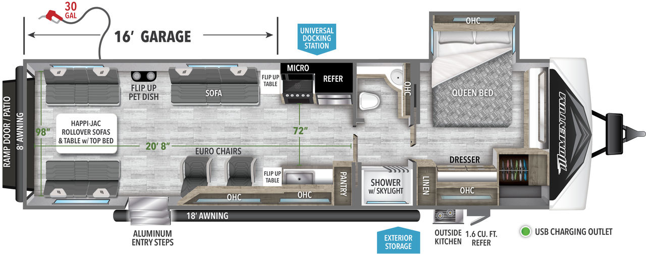This Momentum Travel Trailer features a 13’6” Garage, outside kitchen, and Queen bed. 