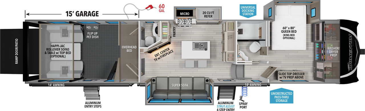 This Momentum Fifth Wheel features a 15’ Garage, 4 seat sofa, and Queen bed with Walk-In Closet. 