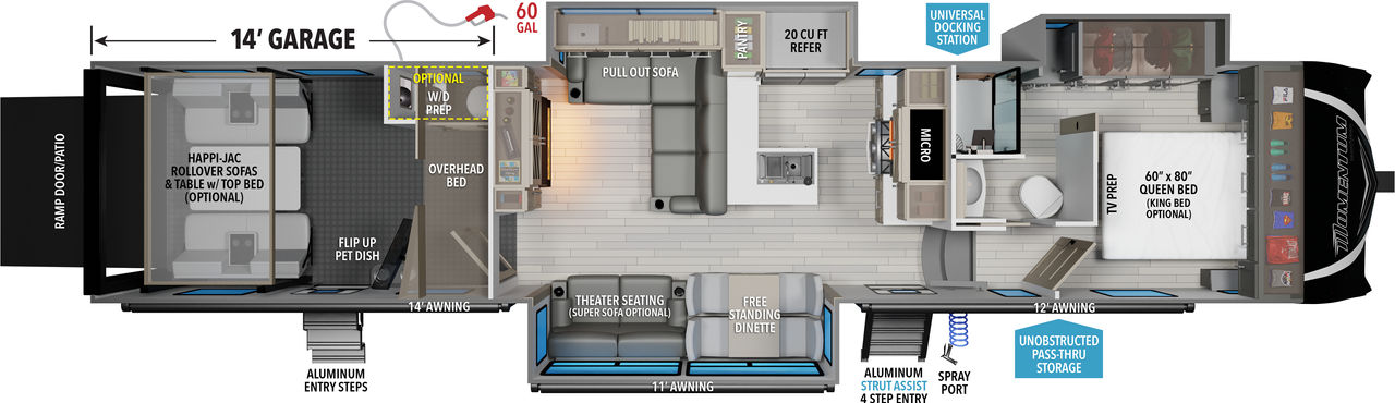 This Momentum Fifth Wheel features a 14’ Garage, pull out sofa, and Queen bed. 