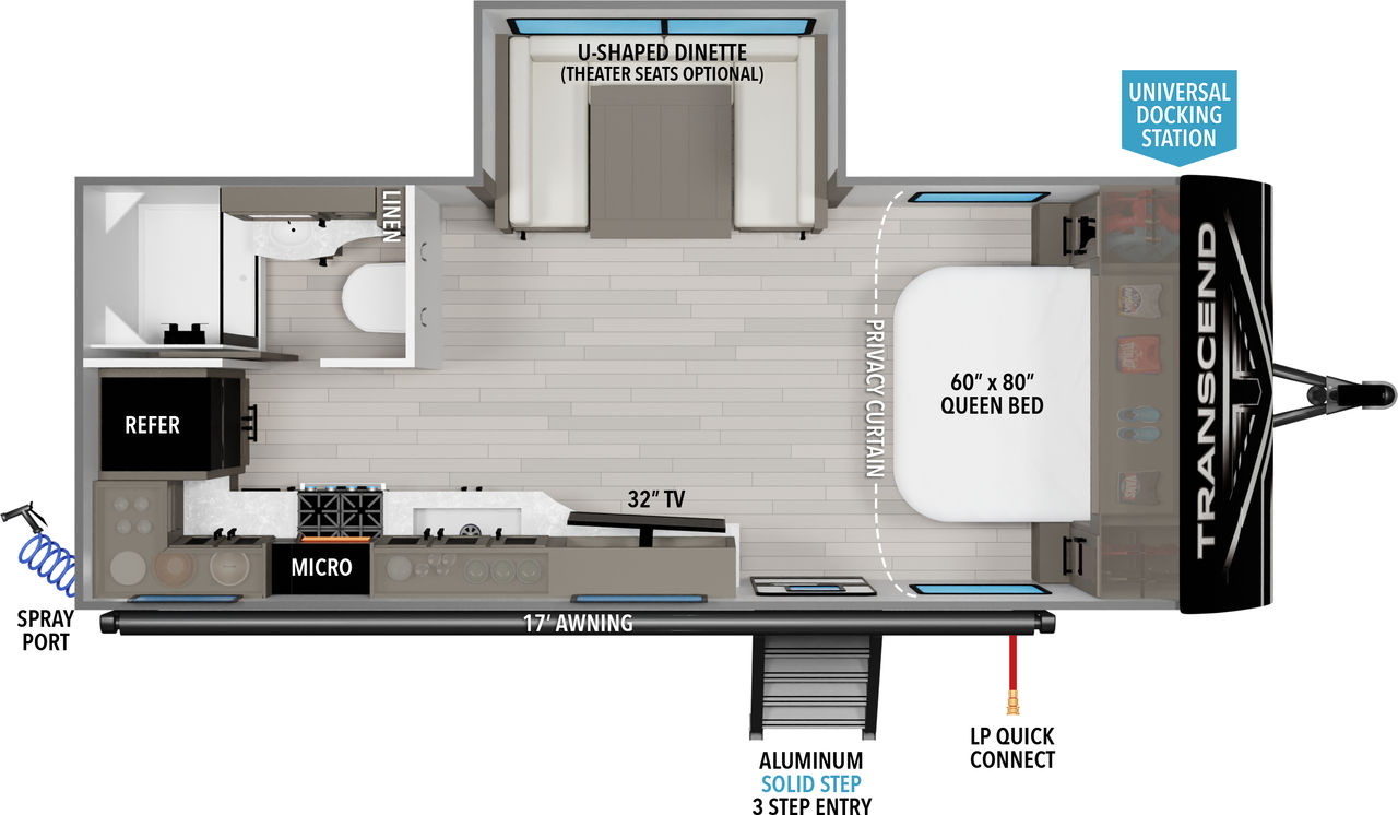 The Transcend Xplor 200MK floorplan features a queen bed, u-shaped dinette and rear bath