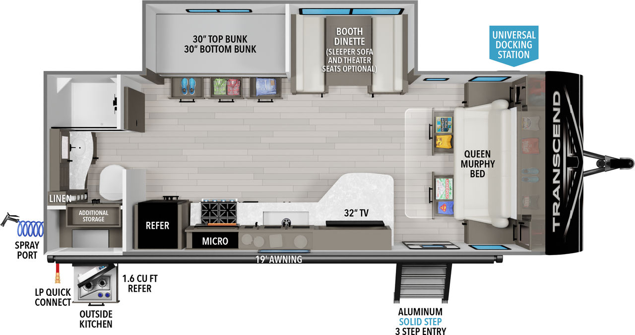 This travel trailer floorplan features a rear bathroom with bunks, booth dinette and front Queen Murphy Bed. 