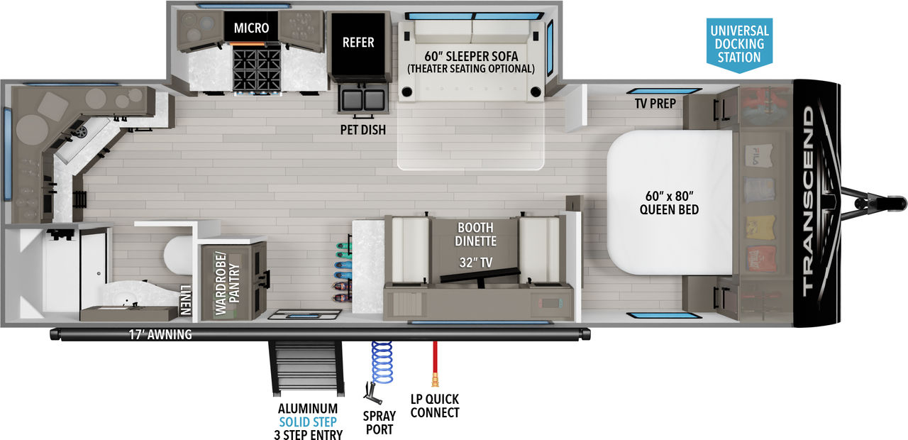 The Transcend 240ML Floorplan features a rear kitchen and a rear bath plus a tri-fold sofa and booth dinette.