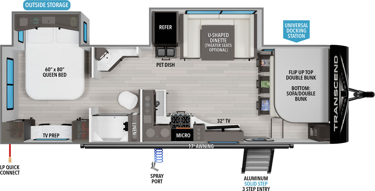 This travel trailer floorplan features a rear bedroom with Queen bed and front Bunks.