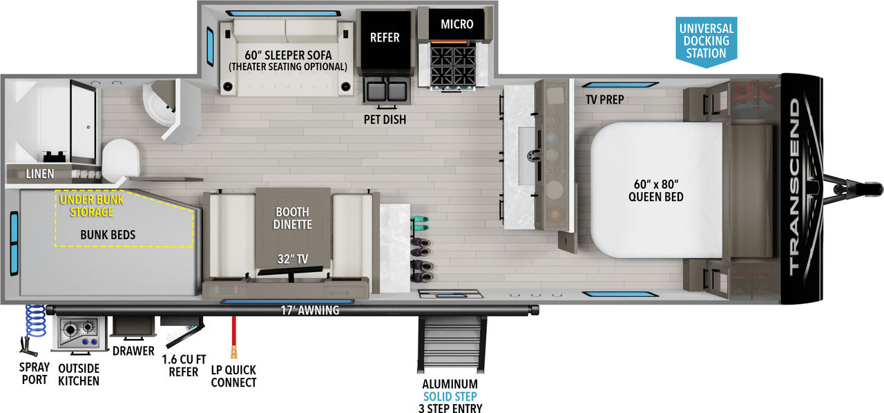 This travel trailer floorplan features a rear bathroom and bunk beds with front Queen Bed.