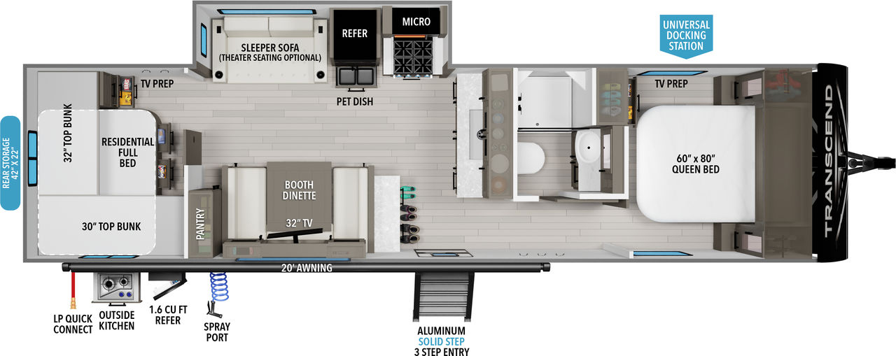 This travel trailer floorplan features a rear bunk room with mid living area and front queen bed.