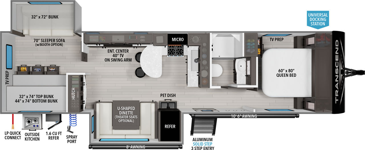 This travel trailer floorplan features a rear bunk room with U-Shaped Dinette and front Queen Bed.