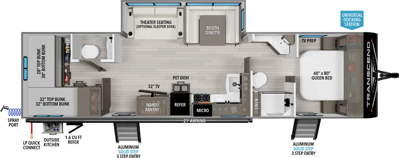 This travel trailer floorplan features a rear bunk room with booth dinette and front Queen Bed.
