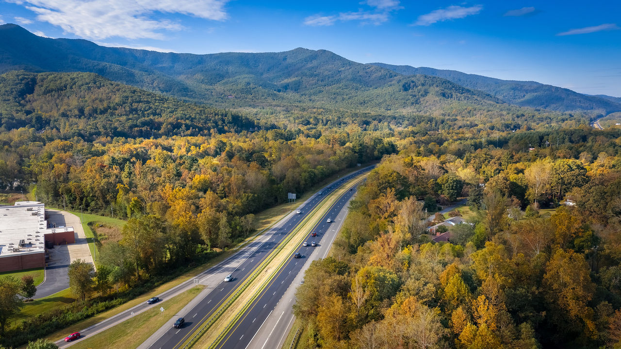 Aerial view road I-40 in North Carolina leading to Asheville during the Fall from Black Mountain